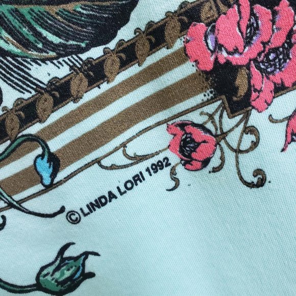 Linda Lori Women's Vintage 1992 Floral Sea Foam Scoop Neck Tee Shirt Top Blouse - Picture 5 of 13